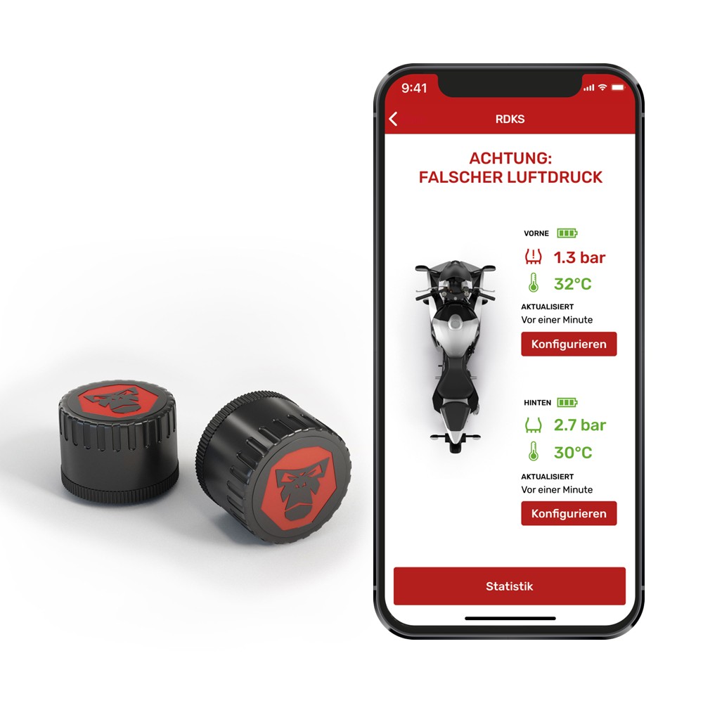 RideLink TireGuard App-Anzeige mit Reifendruck und Temperatur in Echtzeit